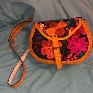 Mexican Leather Floral Embroidered Crossbody Bag